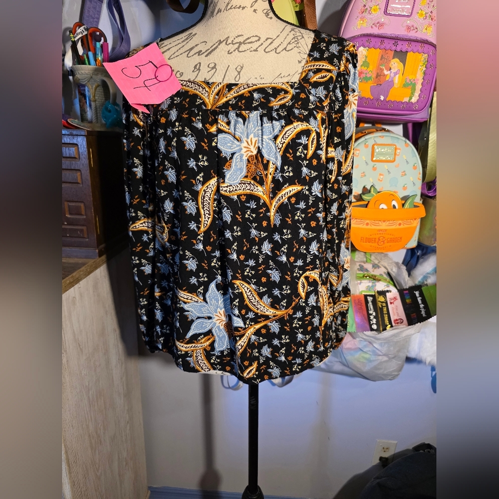 LOFT Black and Orange Floral A-Line Skirt